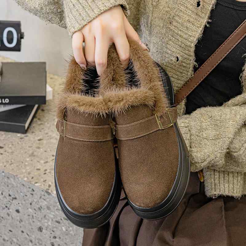 靴 レディース 厚底 雪用 ショートブーツ ローファー モカシン ファー ボア あったか 防寒 保温 ラウンドトゥ 6cmヒール 黒 茶色 秋冬1