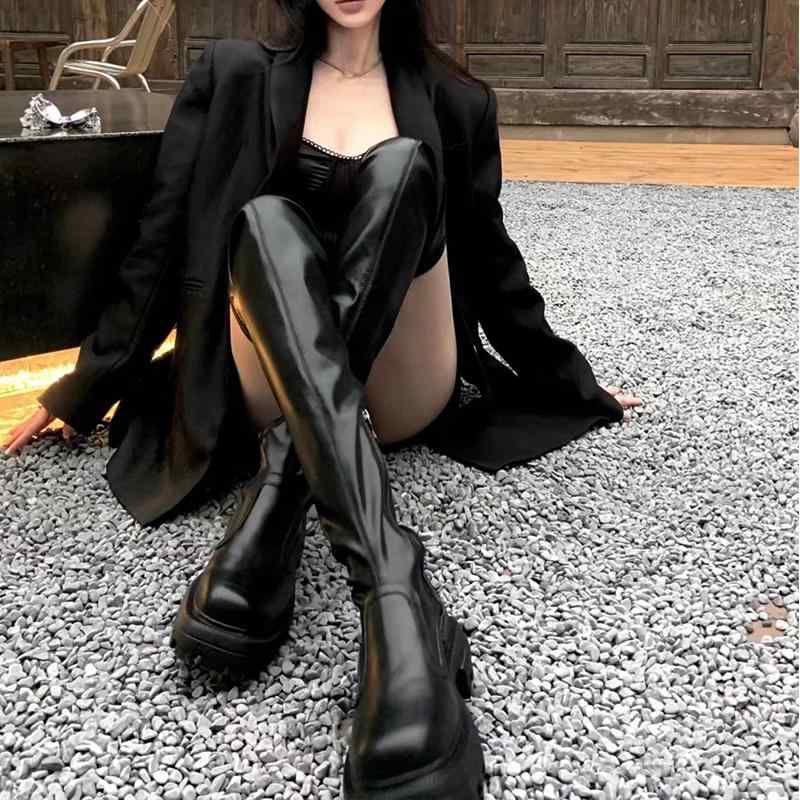 ブーツ レディース 秋冬 厚底 チャンキーヒール ストレッチ ロングブーツ マNon-marking shoesーチンブーツ 膝上 美脚 脚長効果 黒 ブラック系