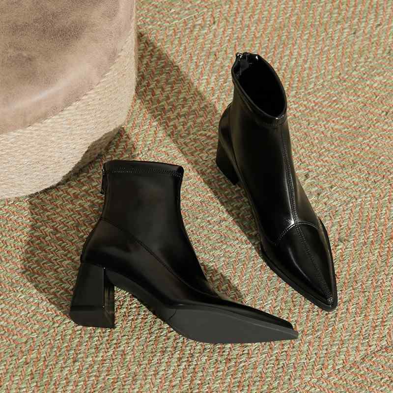ブーツ レディース 秋冬 ショートブーツ ブーツ チャンキーヒール ポインテッドトゥ ジッパー付き 裏起毛 婦人靴 繊維 履きやすい 美脚 歩きやすい 滑り止め 厚底 ブラック グレー