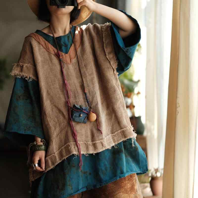限りない レディース レトロ 麻 リネン ゆったり トップス カットソー カーキ 読みもの風 ノースリーブ 自然的 重ね着 心地よい