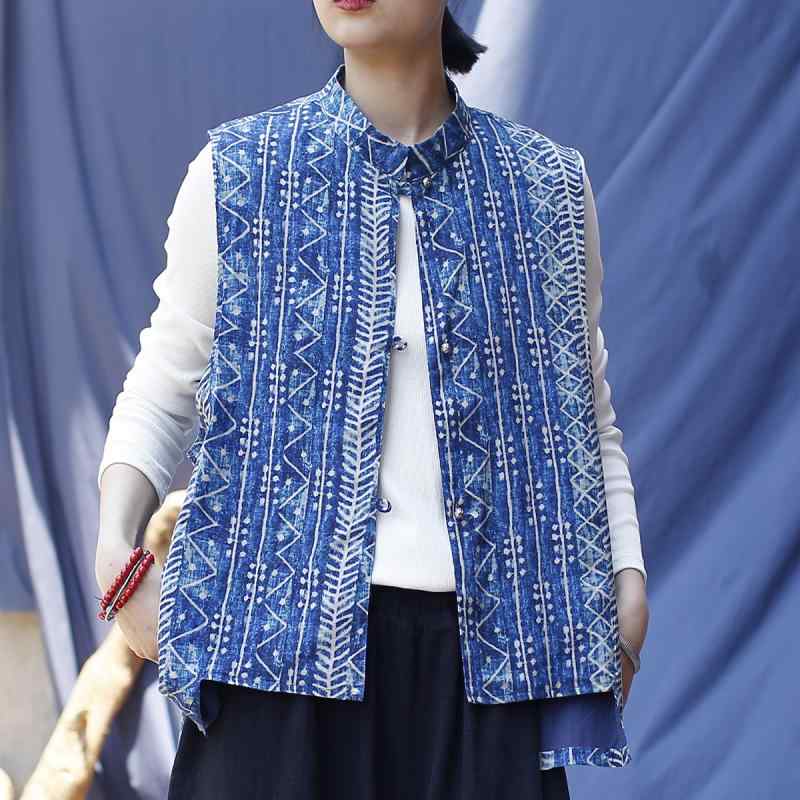 レディース ベスト 綿麻 春物 文芸復古風 ゆったり 立襟 デジタルプリント チョッキ ろうけつ染め風 アダルト1