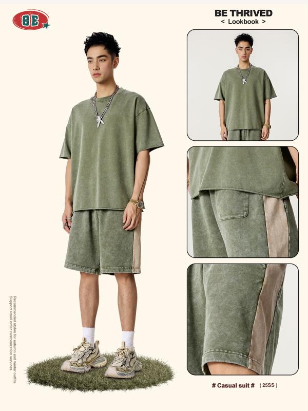 Tシャツ メンズ 男性用 レトロ 配色 切り替え スポーツ 半袖 Tシャツ ショートパンツ セットアップ コットン ルーズフィット