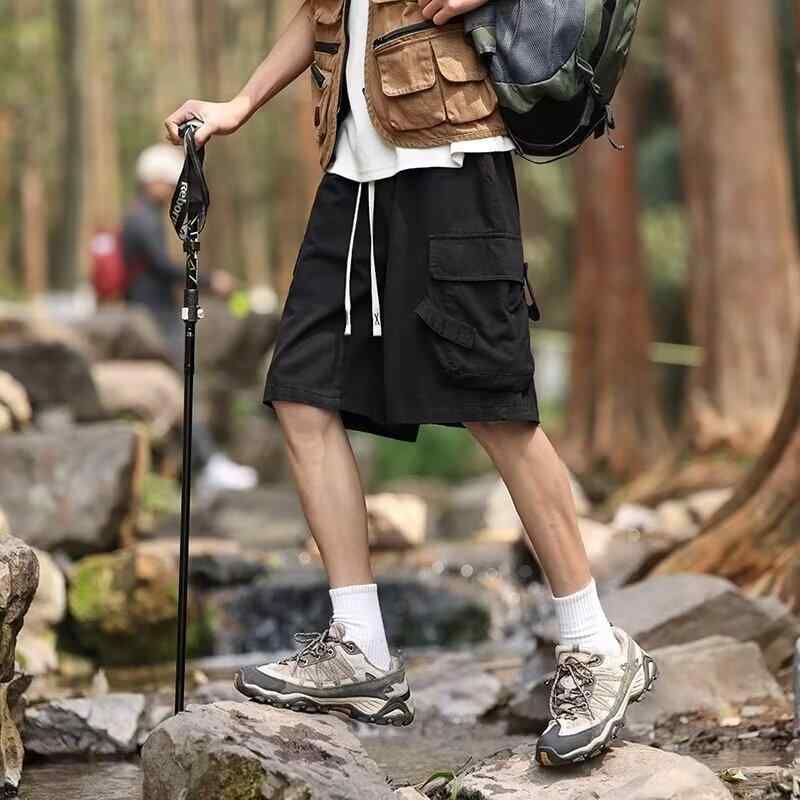 ハーフパンツ 男性用 アウトドア カーゴパンツ ゆったり カジュアル ポリエステル ブラック 黒 カーキ 深グレー 5分丈パンツ