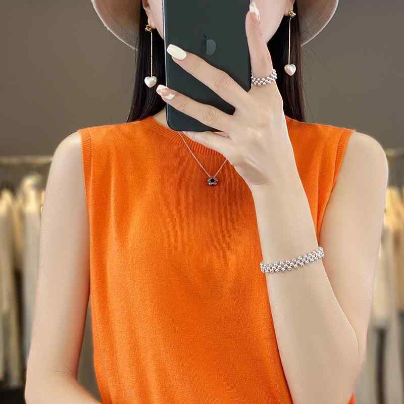 ニット レディース 薄手 夏ニット ウール混 ベスト トップス ノースリーブ クルーネック プルオーバー M L XL 2XL 体型カバー オフィス カジュアル きれいめ エレガント 高見え 通勤 通学 無地 シンプル