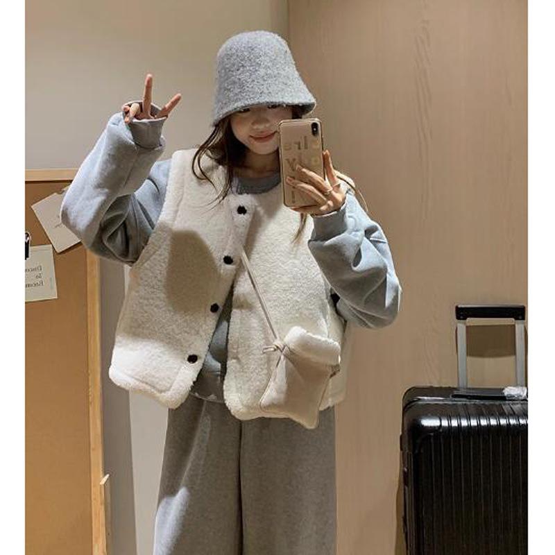 ベスト レディース 秋冬 韓国 重ね着風 ボア カジュアル ショート丈 トップス アウター オフホワイト