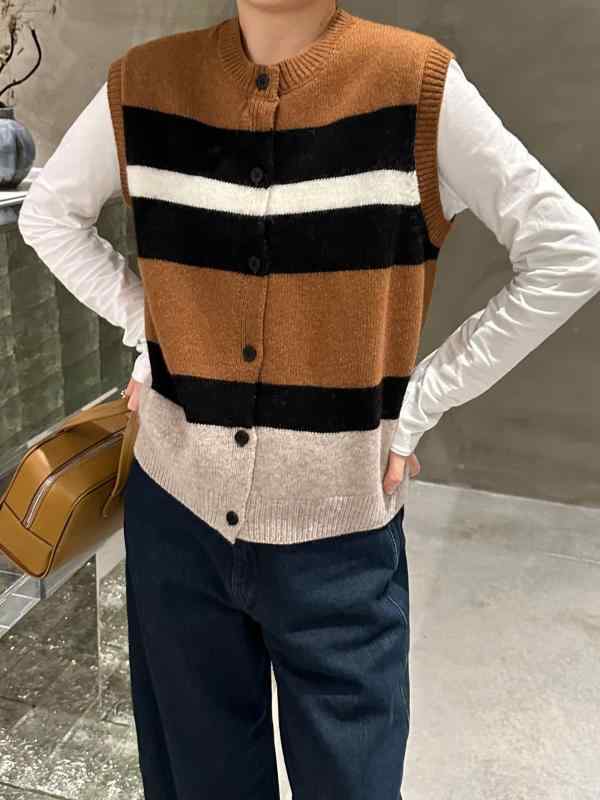 ニットベスト レディース 美??ウール 配色 切り替え ニットカーディガン 秋冬 ラウンドネック 普段使い 通勤 英国風 ゆったり かわいい ブラウン系