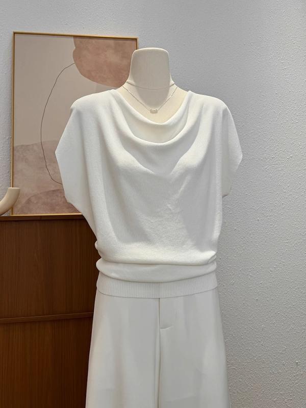 ニット レディース 半袖 春夏 一字襟 接触冷感 薄手 接触冷感 トップス プルオーバー 夏ニット ドルマンスリーブ ゆったり かわいい 韓国 普段使い 白 黒