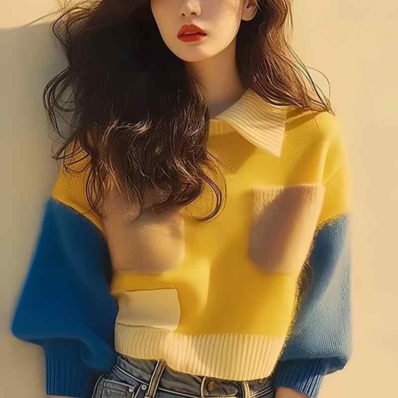 ニット レディース 韓国 ドロップショルダー プルオーバー 秋冬 配色 セーター ポロネック ゆるかわ 普段使い リラックス ウェア1