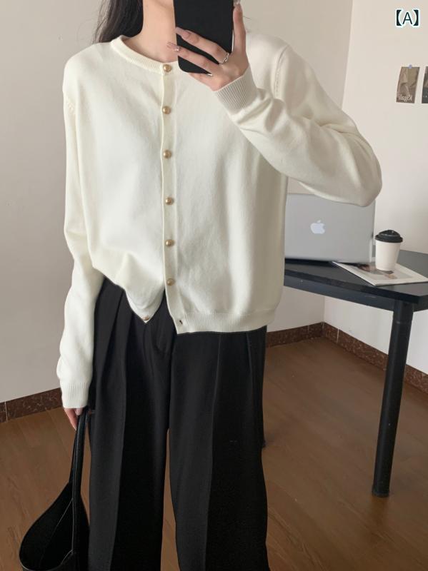 ニットカーディガン レディース 韓国 レトロ 丸首 長袖 杏色 グレー 黒 桃色 青 普段使い 高見え1