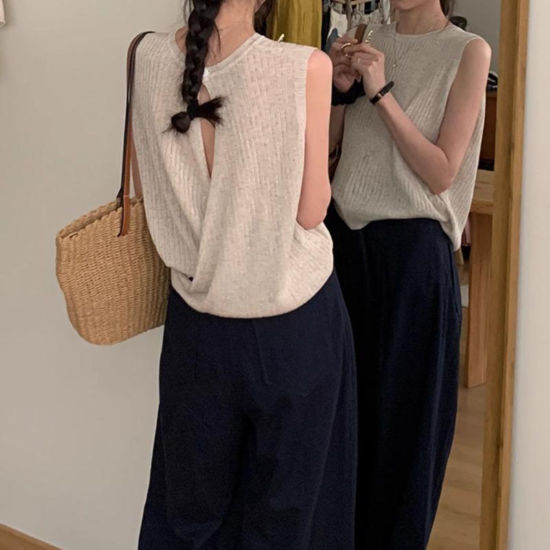 ニット レディース ノースリーブ トップス 杏色 薄手 ポリエステル 交叉 露背 肌見せ かわいい 清新 甘め 夏ニット1