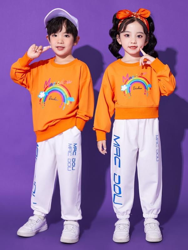 子供用 ダンス衣装 セットアップ 小学生 チアガール 舞台衣装 発表会 幼稚園 保育園 虹色 トップス パンツ スカート 女の子 男の子 運動会 体育祭 イベント ポリエステル