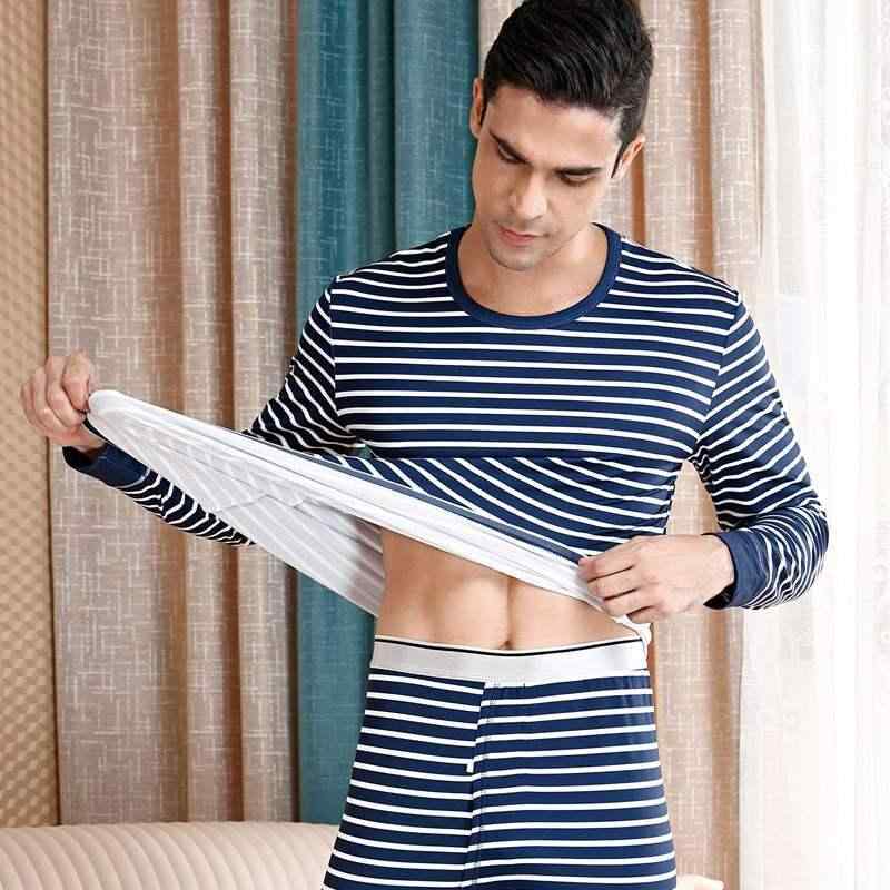 インナー 男性用 秋冬 裏起毛 あったか 長袖 トップス ズボン 上下 セット ストライプ柄 薄手