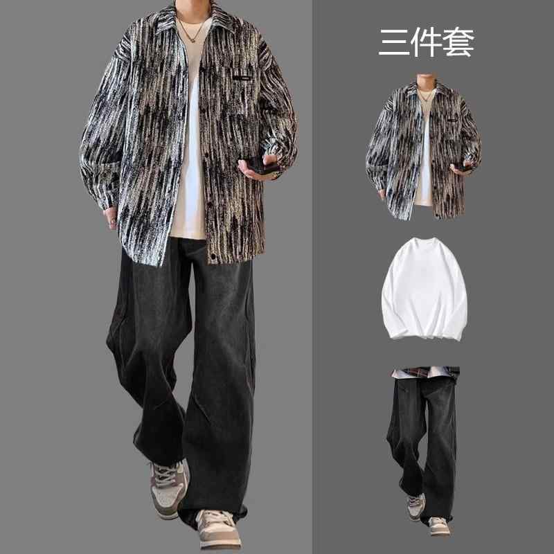 メンズ セットアップ 春秋 ジャケット デニムパンツ 上下セット 3点セット 長袖シャツ Tシャツ カジュアル スポーティ ブラック ブルー S M L XL XXL XXXL