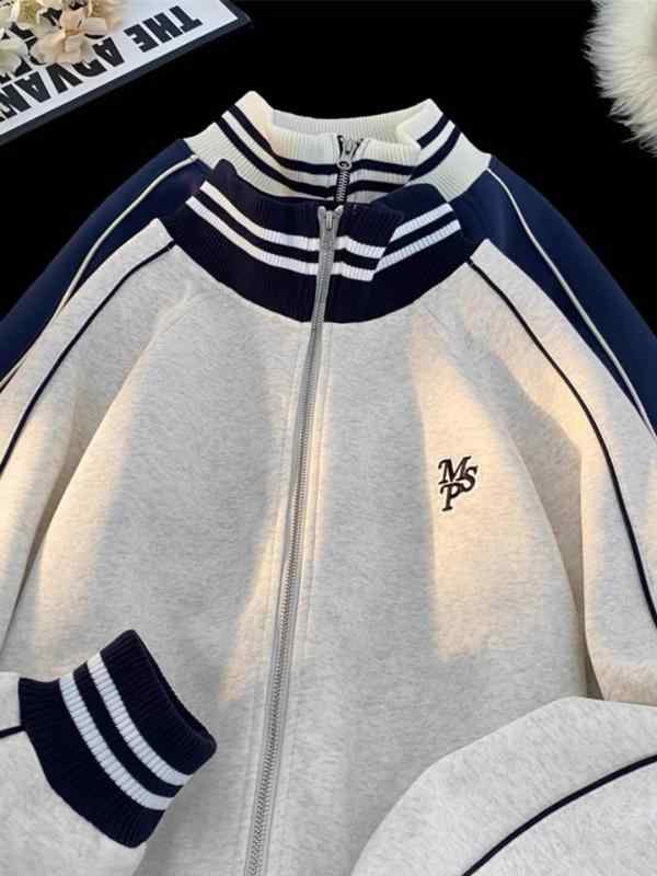 ジャケット 男性用 スタジャン レトロ 刺繍 切り替え 配色 立襟 刺・墸 野球 トレーニングウェア 運動着 普段使い 耐摩耗性 ポリエステル 秋 グレー 紺