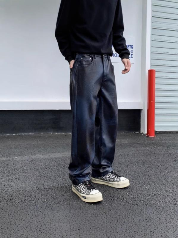 ズボン メンズ 男性用 パンツ 配色 ゆったり カジュアル 直筒 PUレザー 高腰 春秋 アンコラレッド カプリブルー