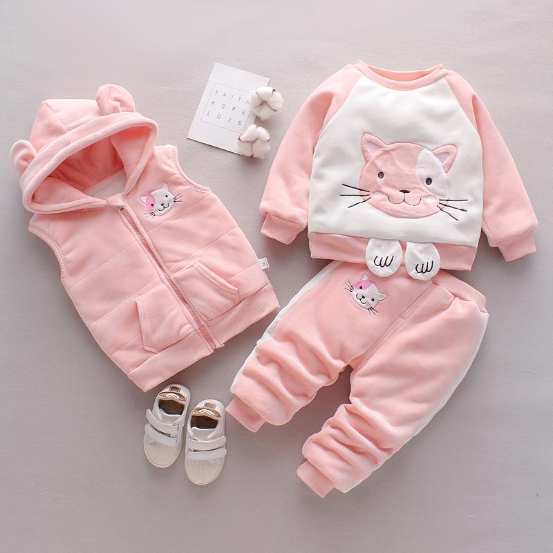 子供用セットアップ キッズ 冬用 裏起毛 ベスト パーカー 長ズボン 3点セット 幼児 男女兼用 80 90 100 110 120 ピンク グレー 普段着 かわいい 部屋着 アニマル柄