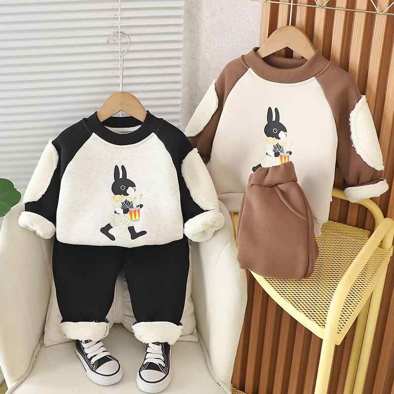 キッズ スウェット 上下セット 秋冬 裏起毛 長袖 トレーナー ロングパンツ カジュアル 2点セット かわいい ウサギ イラスト 男の子 女の子 幼児 普段着 部屋着