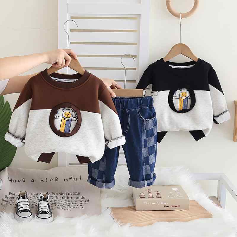 ベビー服 秋冬用セットアップ 男の子 裏起毛 配色 クルーネック トレーナー 上下セット 綿 普段着 部屋着1