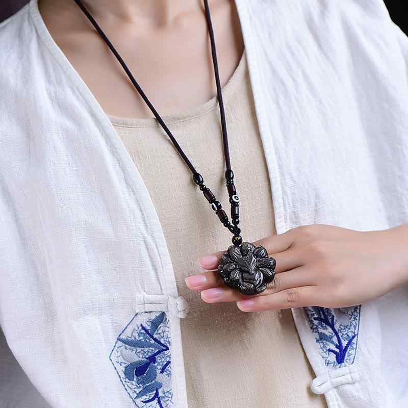 ネックレス レディース メンズ 石 黒曜石 キツネ ペンダント かわいい 立体的 彫刻 OL 通勤 デイリー