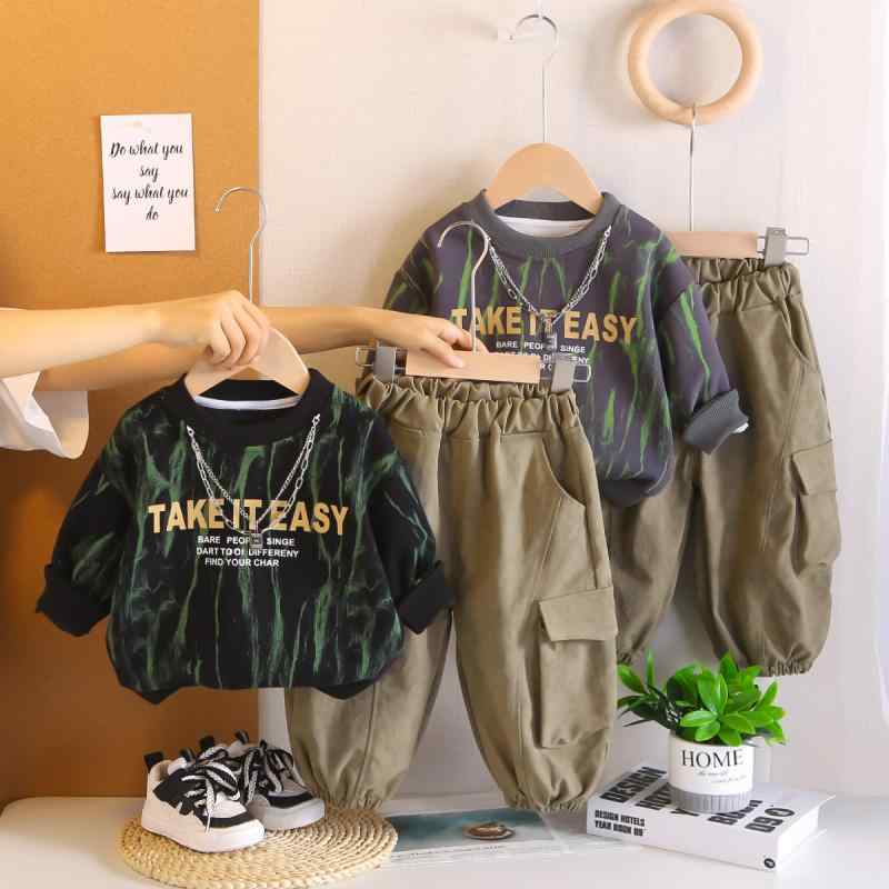 キッズ 男の子 セットアップ 長袖 トップス & パンツ 上下セット 春秋 韓国 子供服 ワークパンツ風 ポケット 80 90 100 110 120 グレー ブラック 綿