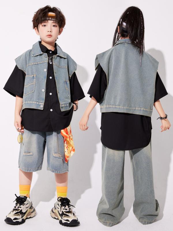 子供用 ダンス衣装 デニム ベスト セットアップ ヒップホップ ストリート 上下セット カットソー デニムパンツ 短パン 長ズボン 舞台衣装 男の子 女の子 ボーイズ ガールズ