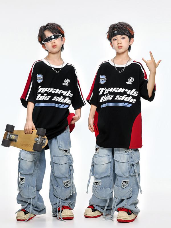 ダンス衣装 子供服 ヒップホップ セットアップ 男の子 女の子 デニム パンツ 接触冷感 110cm 120cm 130cm 140cm 150cm 160cm 170cm 180cm 黒 赤