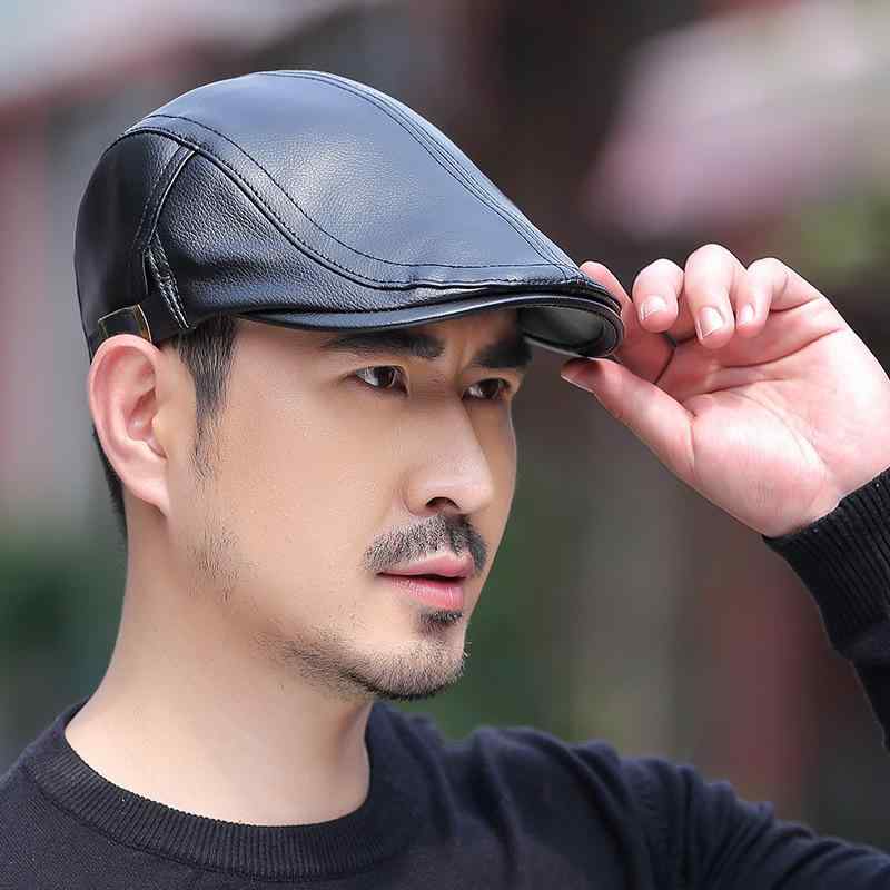 帽子 男性用 ハンチング帽 ベレー帽 レザー シープスキン風 防寒 あたたかい 暖かい レトロ 秋冬 ブラック ホワイト ブラウン1
