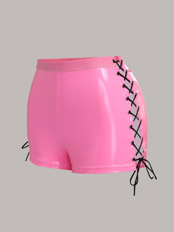 パンツ レディース 春夏 中腰 ストレッチ フェイクレザー ショートパンツ ピンク系 レッド スリムフィット タイト 伸縮性 ストリート カジュアル