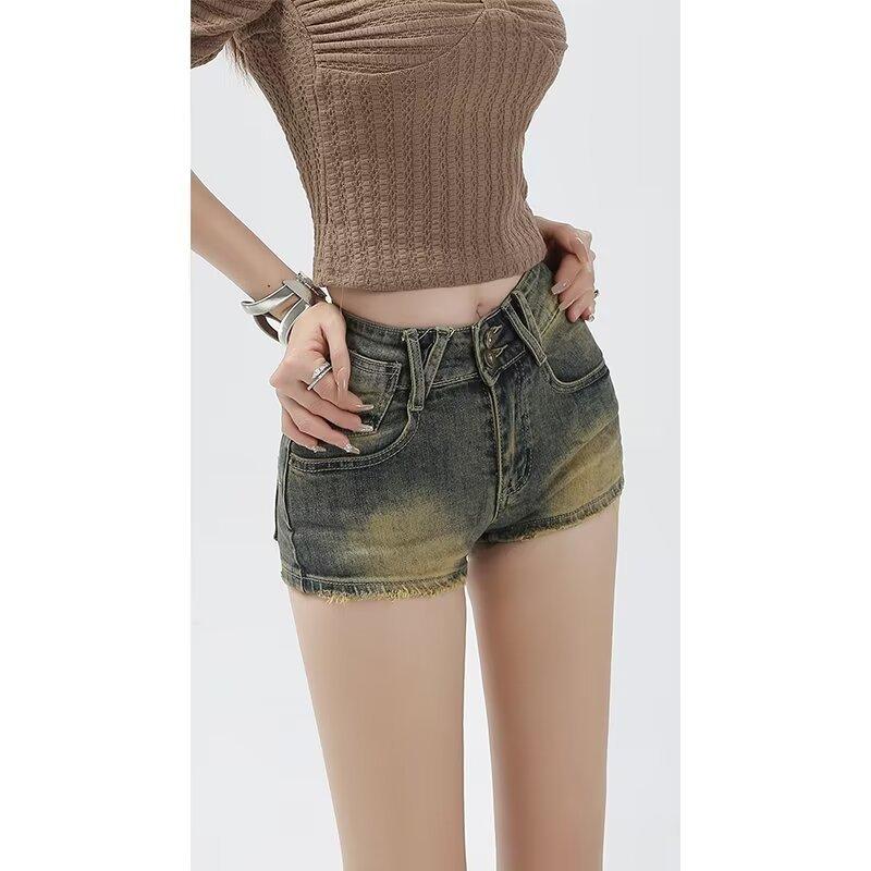 デニム レディース ホットパンツ 高腰 短パン ゆったり Aライン 黄泥色 ジーンズ ジーパン ズボン ボトムス 欧美風 ストリート カジュアル