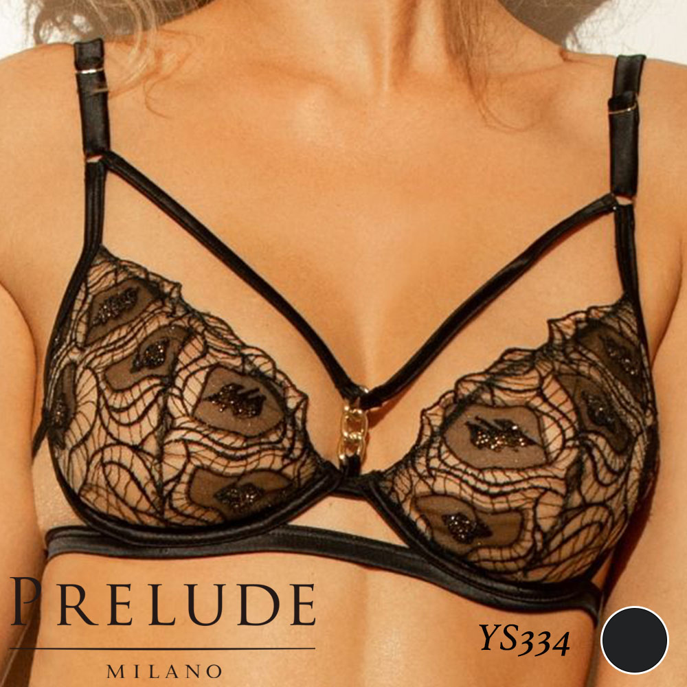 百貨店SALE 50%OFF Prelude／プレリュードYS335Ritz Romance（リッツロマンス）直輸入 ヨーロッパ インポートランジェリーヨーロッパ ブラノンパッドブラゴールドチェーンスキンカラーチュールルレックス糸刺しゅう光輝繻子