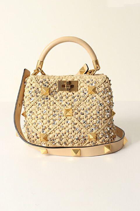 Valentino Garavani ヴァレンティノ ガラヴァーニ Small Roman Stud Raffia Top Handle Bag スモール ローマンスタッズ ラフィア いの一番手持ち部分御徒面子{-BCS}