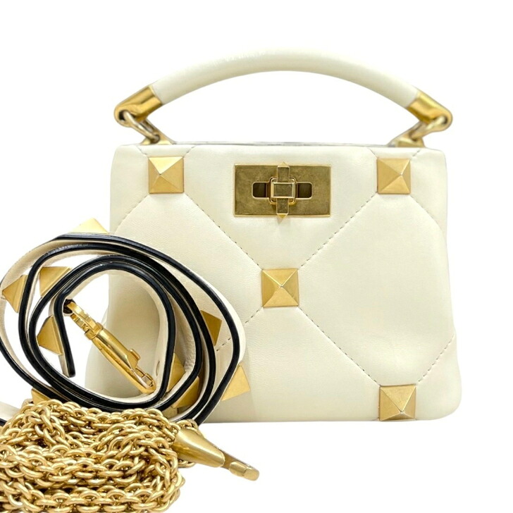 【中古】ヴァレンティノ　ローマンスタッズ　2way　ハンドバッグ　レザー　アイボリー　ゴールド金具　VALENTINO GARAVAN　《送料無料》