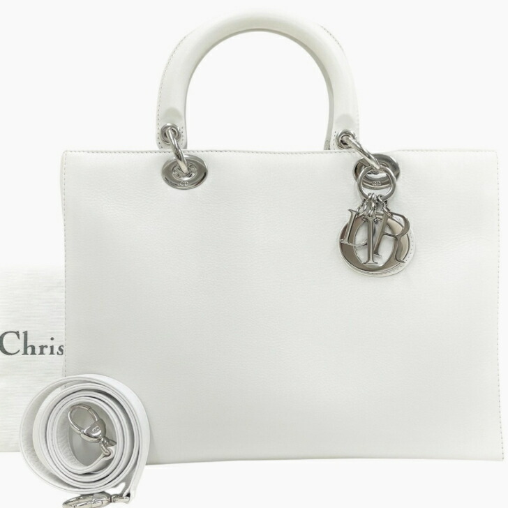 【中古】ディオール レディディオール ラージ ラムスキン 白 シルバー金具 2way ハンドバッグ Christian Dior《送料無料》