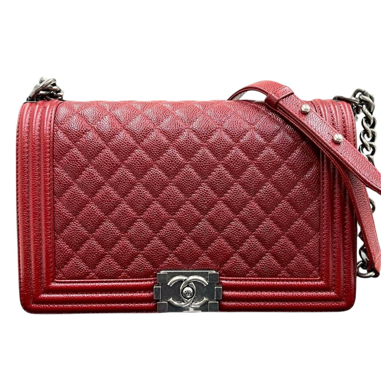 【中古】シャネル　ボーイシャネル　キャビアスキン　マトラッセ　ディープレッド　赤系　シルバー金具　ショルダーバッグ　A92193　19番台　CHANEL　《送料無料》｜Link-s 249,000円