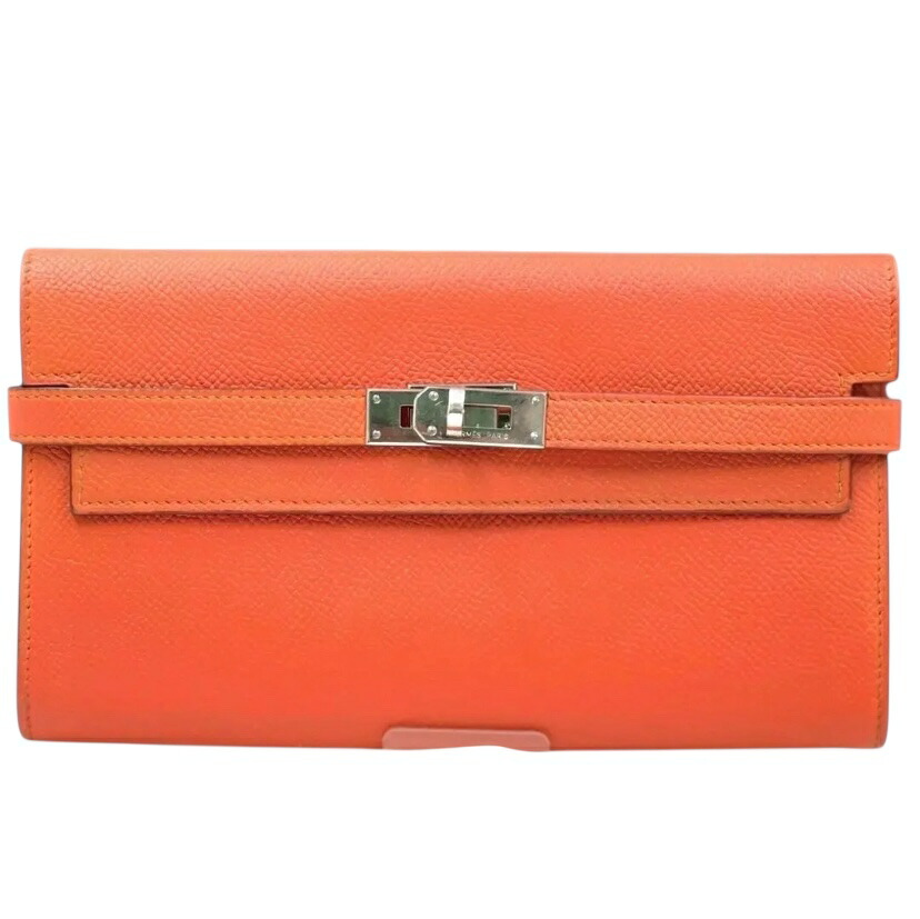 【中古】エルメス　ケリーウォレット　ヴォーエプソン　オレンジ　シルバー金具　長財布　□P刻印/2012年　HERMES　《送料無料》