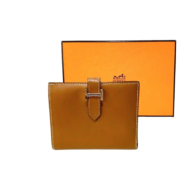【上品なカラー】HERMESベアン パラジウムシルバー「H」ミニ財布 エルメス HERMES ベアンミニ Z刻印 エトゥープ x シルバー金具