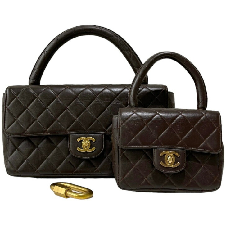 【中古】シャネル 親子バッグ マトラッセ ラムスキン ハンドバッグ ダークブラウン ゴールド金具 3番台 CHANEL 《送料無料》
