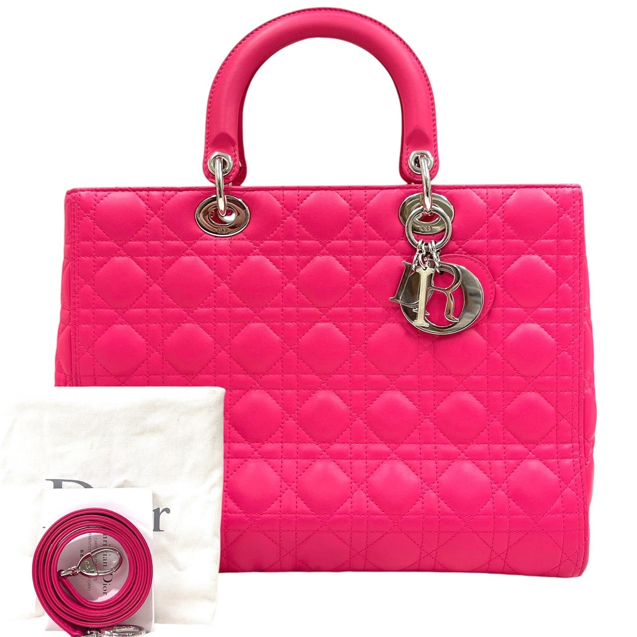【中古】ディオール レディディオール ラージ ラムスキン カナージュ 赤ピンク シルバー金具 2way ハンドバッグ Christian Dior《送料無料》