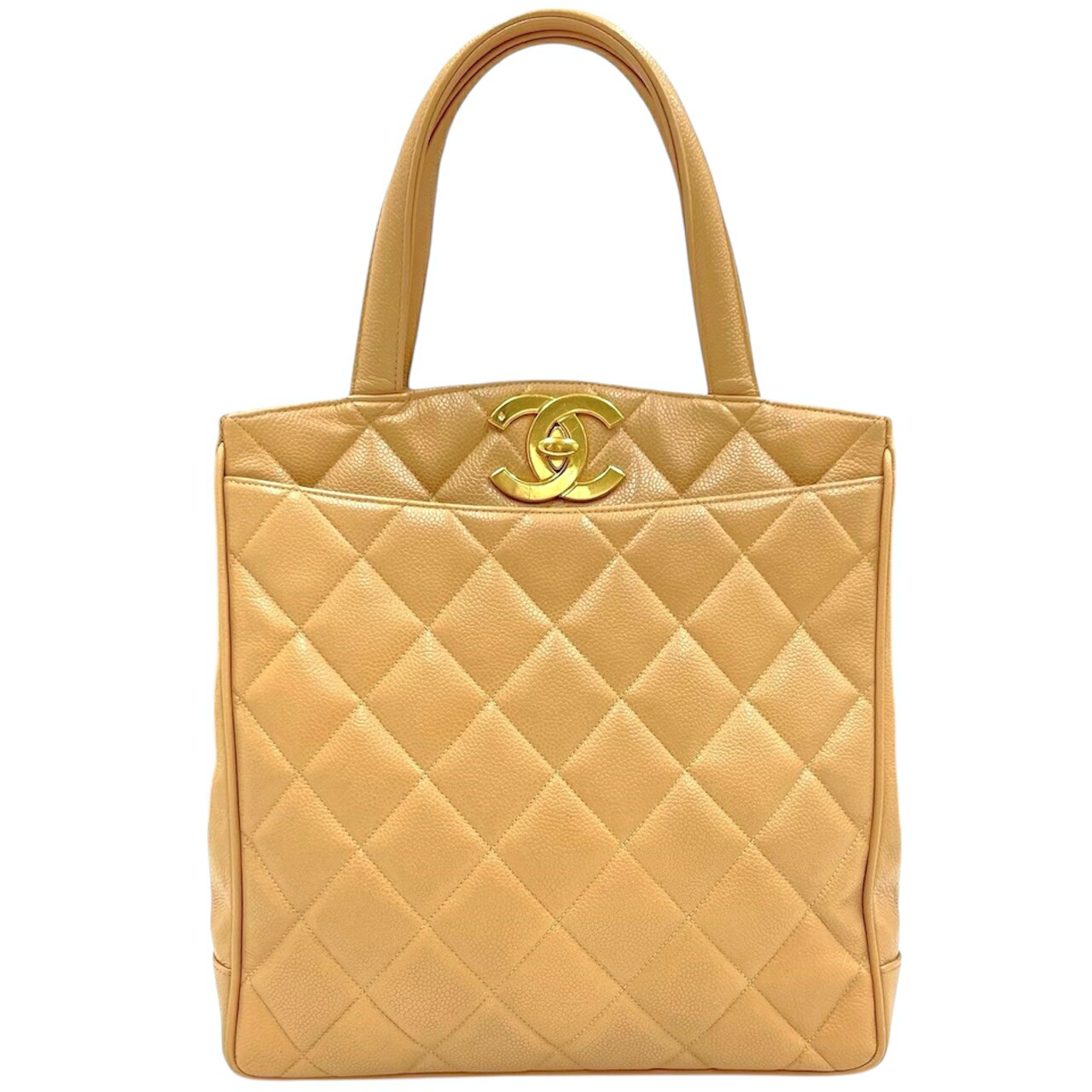 【中古】シャネル　トートバッグ　マトラッセ　キャビアスキン　ベージュ　ゴールド金具　ヴィンテージ　CHANEL　《送料無料》