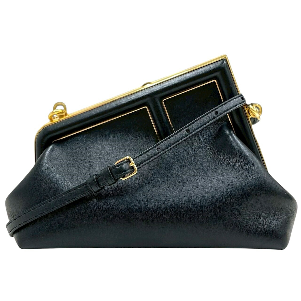 【中古】フェンディ 一塁手 スモール なめし革 黒 ゴールド金具 ショルダーバッグ 8BP129 FENDI 《貨物輸送無料》