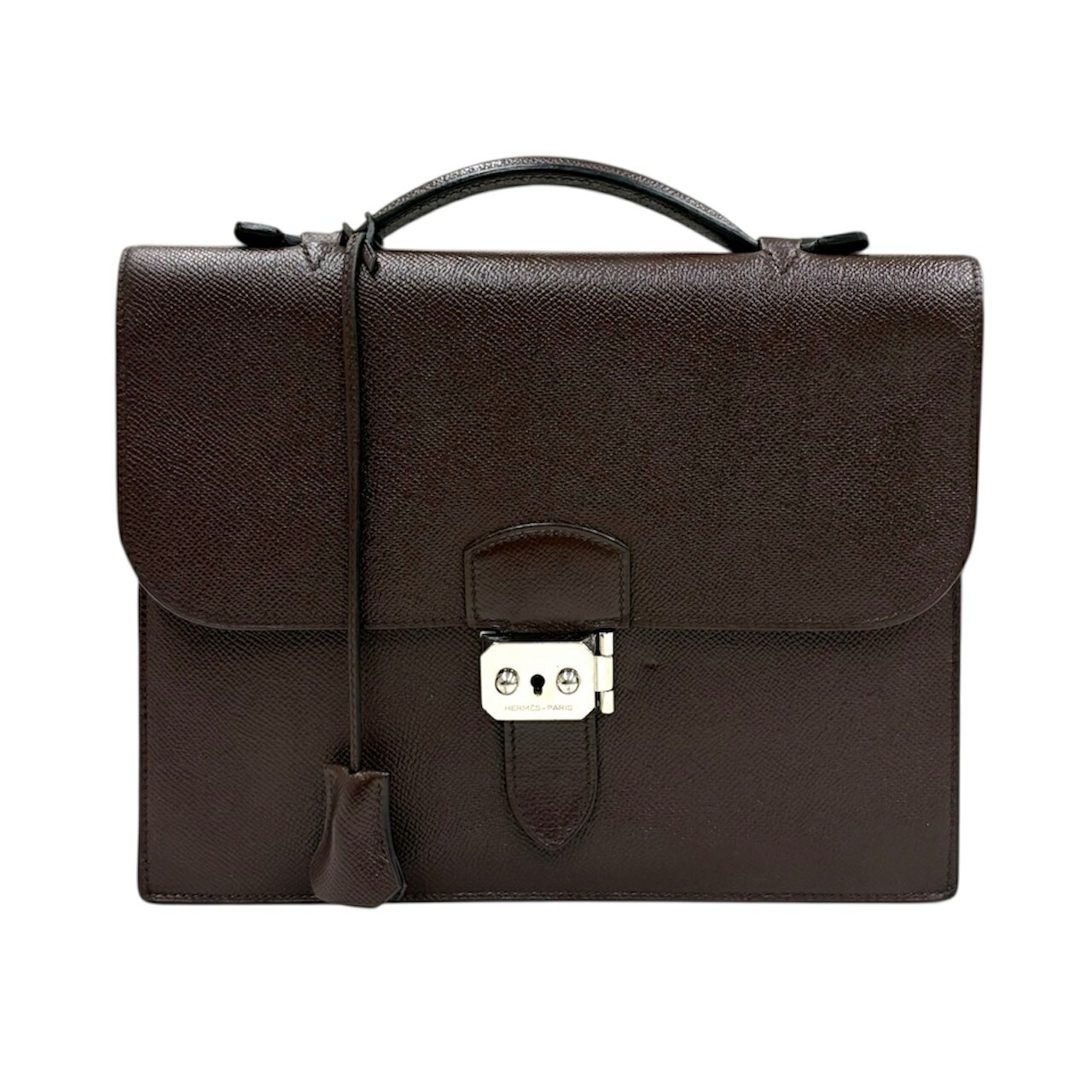 【中古】エルメス ケリーデペッシュ27 ヴォーエプソン 黒茶 うす暗い赤銅色 しろがね色金具 商行為御徒面子 □J目じるし/2006年 HERMES 《貨物輸送無料》