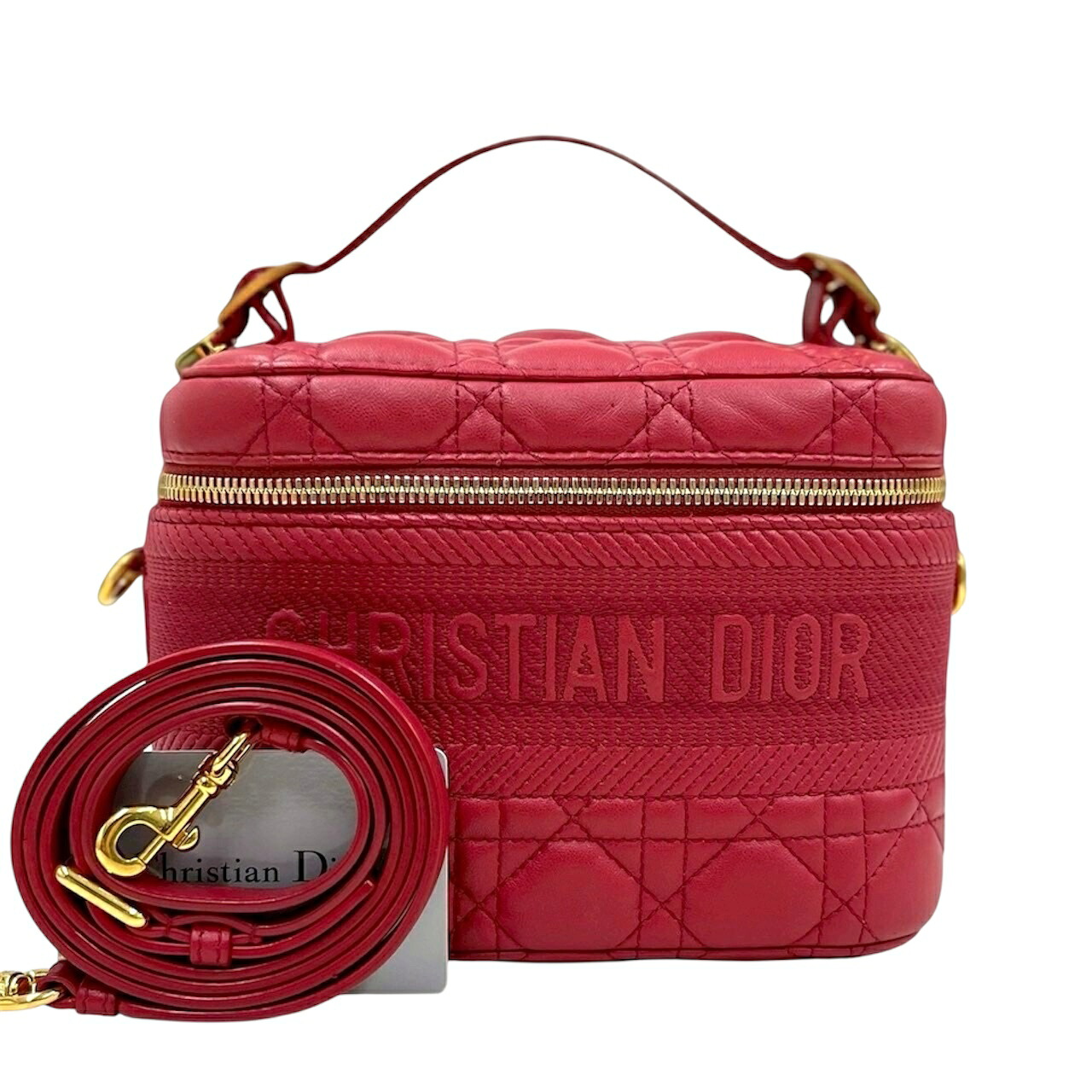 【中古】ディオール トラベル スモール バニティ 赤 カナージュ 2way ハンドバッグ ゴールド金具 2020年 Christian Dior《送料無料》|Link-s