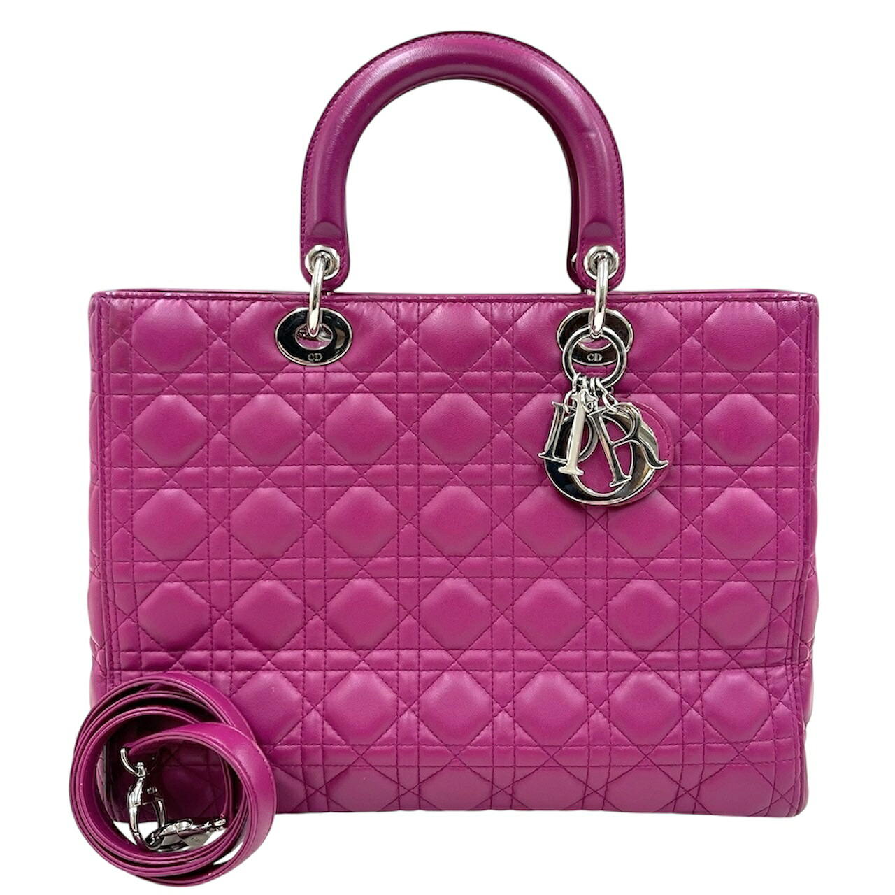 【中古】ディオール レディディオール ラージ ラムスキン パープル 2way ハンドバッグ カナージュ シルバー金具 Christian Dior《送料無料》