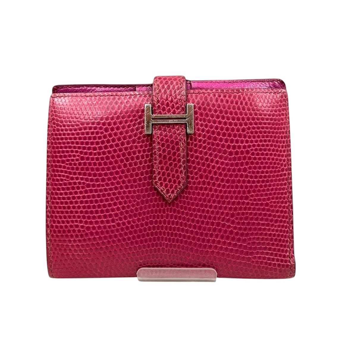 【中古】エルメス　ベアンコンパクト　リザード　折り財布　赤ピンク/フューシャピンク　シルバー金具　□I刻印/2005年　HERMES　《送料無料》
