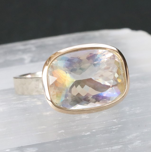 【一点物】アンデシンラブラドライト リング K10 SV(レクタングル 覆輪)5.6ct 指輪 13号 大粒 クッションカット コンビカラー 希少 レアストーン レインボームーンストーン 1点もの 天然石ジュエリー|天然石アクセサリーLink