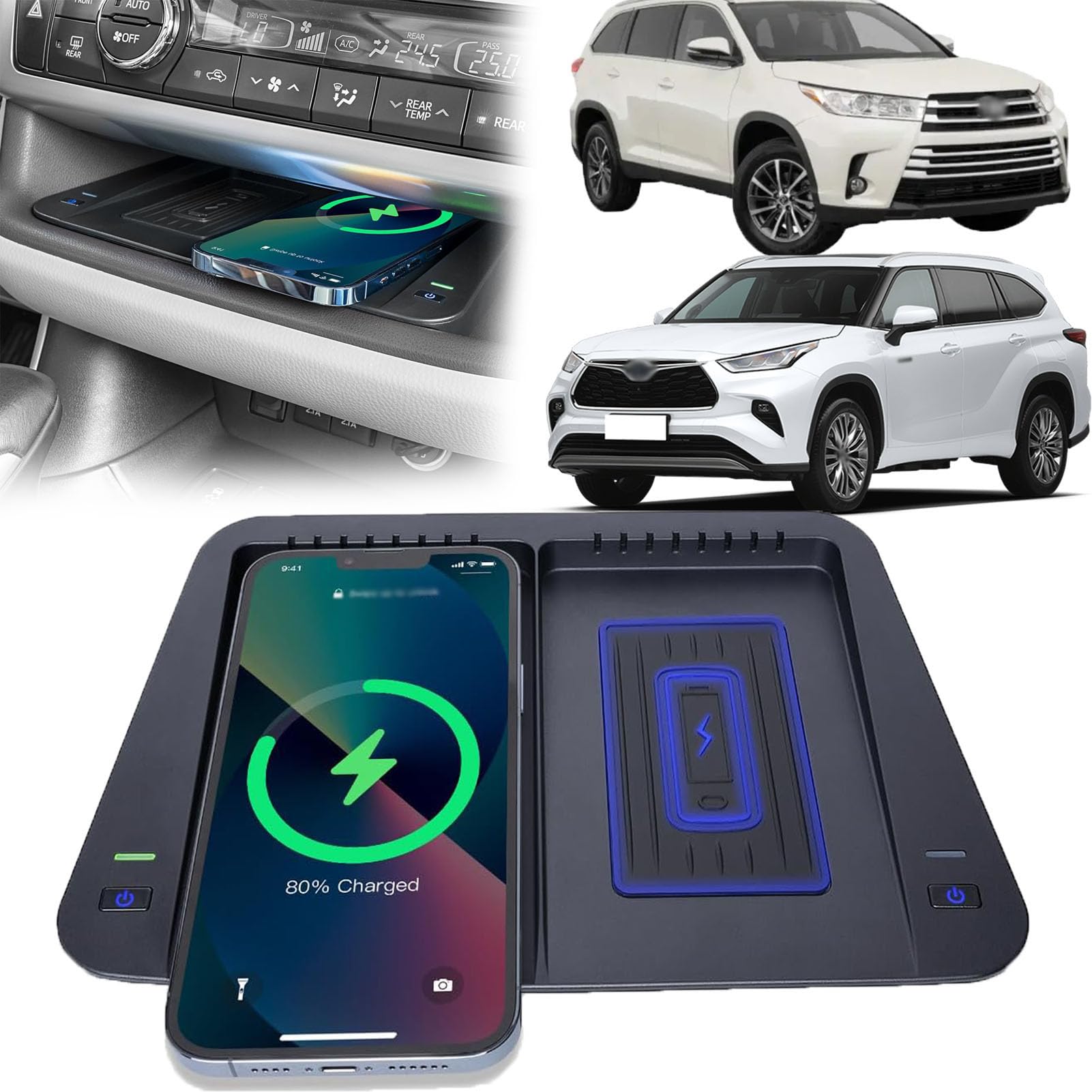 車載 ワイヤレス充電器 デュアル10W急速充電アップグレードアクセサリーとデュアルチャネル冷却システムを備えたトヨタハイランダー（2014-2019）全モデルの｜Linkselectshop