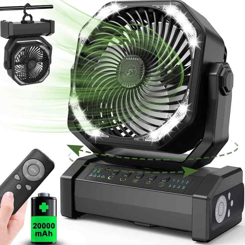 多機能ファン＆20000充電池内蔵 キャンプ扇風機 アウトドア扇風機 左右自動首振り 充電式 サーキュレーター 2重反転ファン ポータブル リモコン付き タイマー 風量4段階調節 LEDライト
