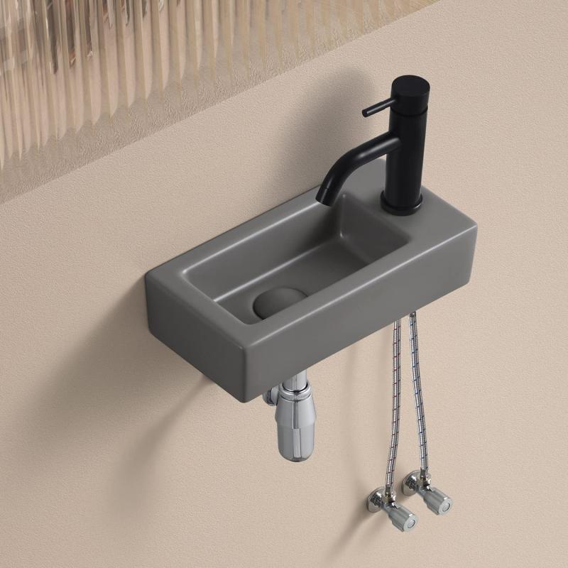 Pトラップ排水セット付き 手洗い器 おしゃれ グレー 手洗器 壁掛け コンパクト 小型洗面ボウル ミニ型 洗面台 手洗いボウル 壁付け型 陶器製 375*190*95mm (右)｜LINO select店