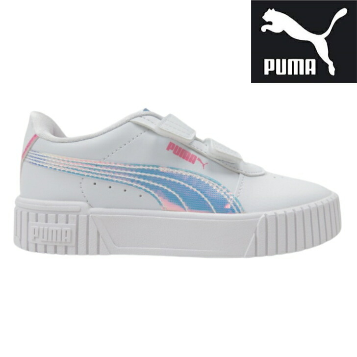 PUMA プーマ Carina 2.0 Deep Dive V PS397422 ホワイト/ブルースカイ(01)キャリーナ 2.0 ディープダイブ ベロクロ キッズ ジュニア スニーカー 軽量 シンプル ラバー キラキラ画像