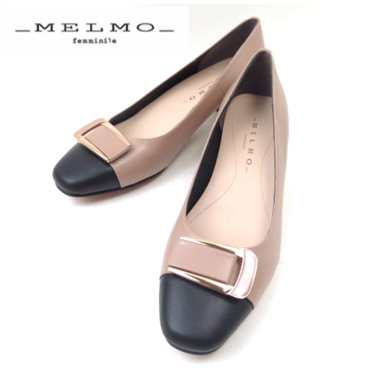 MELMO メルモ ML8050 ベージュコンビ(BG/) レディース 婦人靴 パンプス スクエアトゥ チャンキーヒール 仕事 通勤 バックルモチーフ